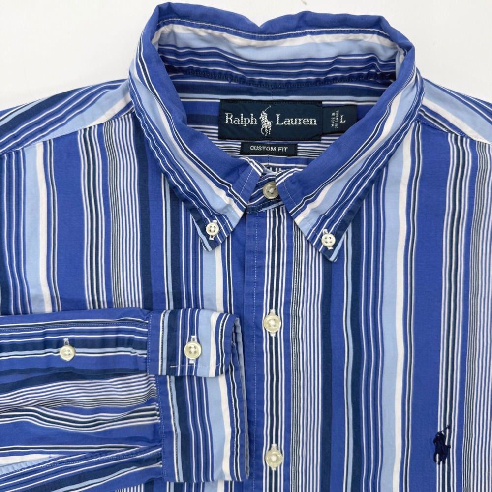 Ralph Lauren Button‎ Down Men L Blue Striped Custom Fit Long Sleeve Pony Logo
